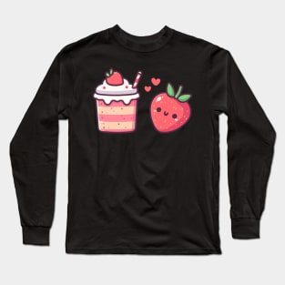 Strawberry Cake with a Cute Kawaii Strawberry and Hearts | Design for Kawaii Food Lovers Long Sleeve T-Shirt